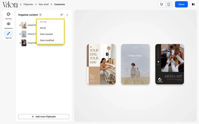 The Sort by menu open on the Organize tab, with Name, Date created and Date modified