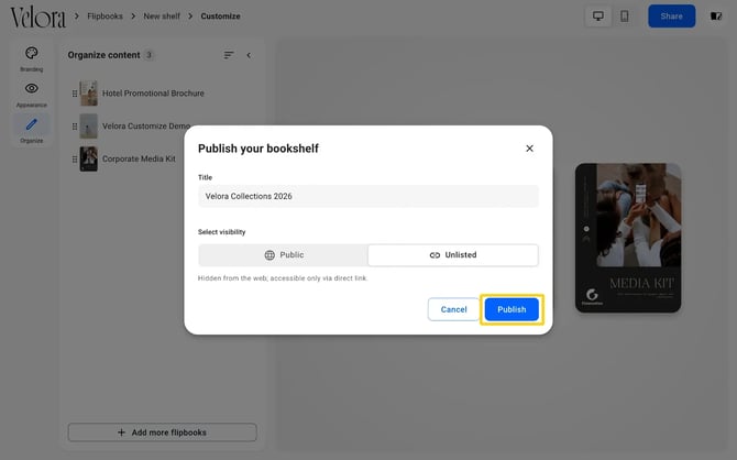 The Publish your bookshelf window with a title, Unlisted selected and the Publish button highlighted