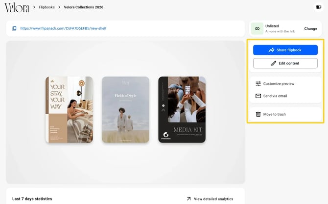 A published bookshelf of three flipbooks on its overview page, with Share flipbook, Edit content, Customize preview, Send via email and Move to trash highlighted