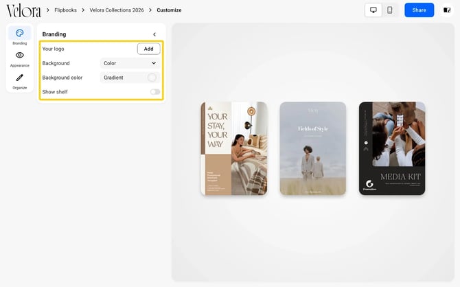 The Branding tab with Your logo, Background, Background color and Show shelf
