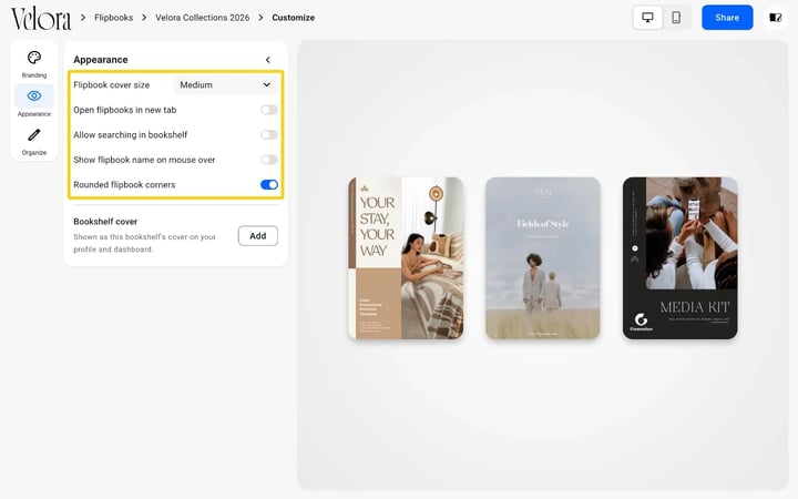 The Appearance tab of a bookshelf with Flipbook cover size, Open flipbooks in new tab, Allow searching in bookshelf, Show flipbook name on mouse over and Rounded flipbook corners highlighted