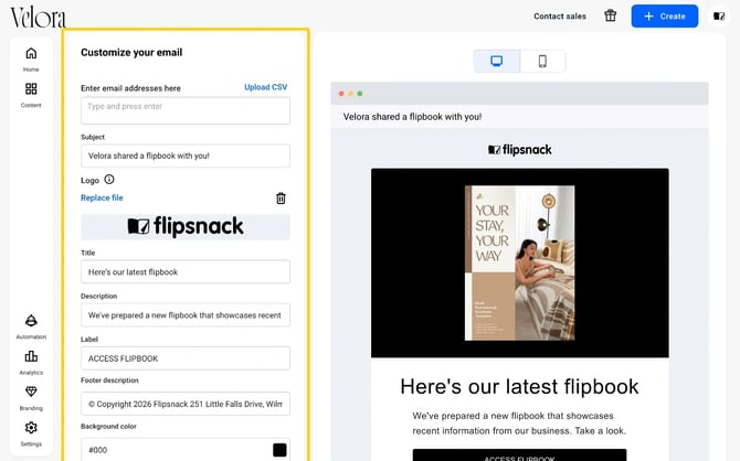 The Customize your email form for sending a bookshelf, next to a preview of the email