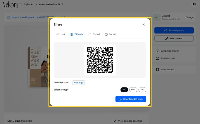 The QR code tab with the Add logo button, the JPG, PNG and SVG file types and the Download QR code button