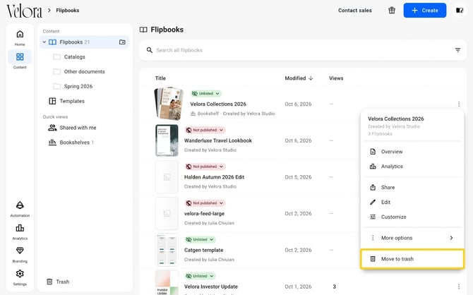The More options menu of a bookshelf in Content, with Move to trash highlighted
