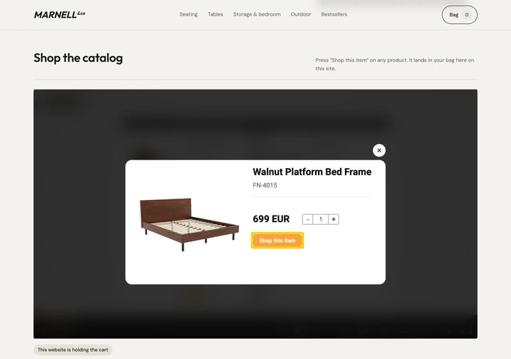 A product opened inside the embedded catalog, showing its name, code, price and quantity picker, with the Shop this item button highlighted