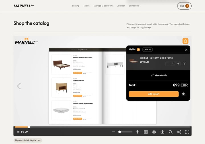 The Flipsnack cart open inside the embedded catalog, listing one product with its total, while the website's own cart in the page header shows the same count