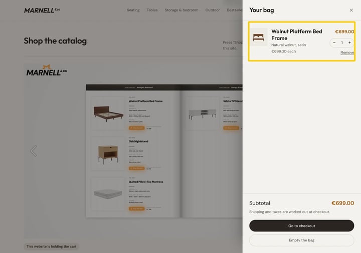 The website's own cart open beside the catalog, with the product that was just added highlighted in it, showing its price, quantity and the subtotal