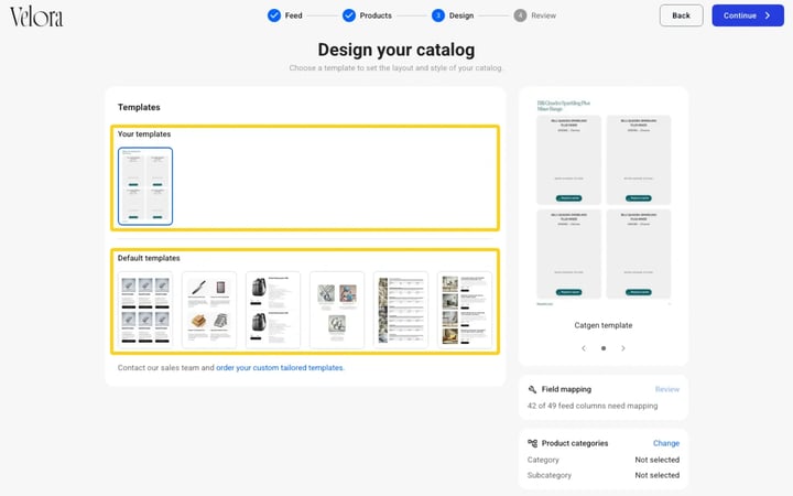 The Design step of the Product catalog wizard, with Your templates and Default templates highlighted, and Field mapping and Product categories on the right