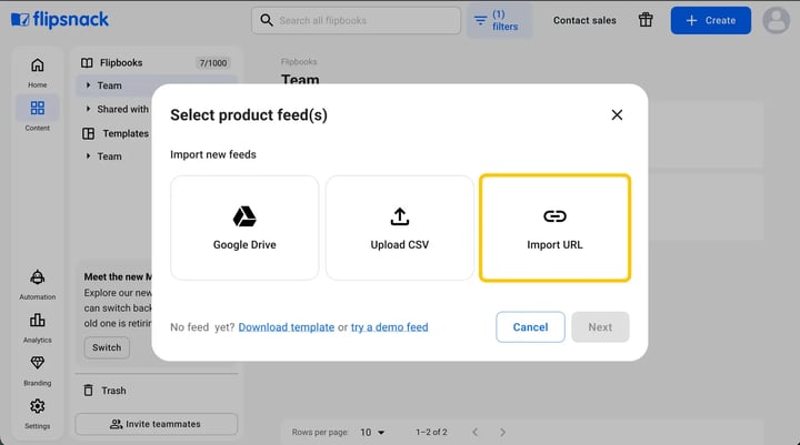 select product feeds pop-up with the Import URL option