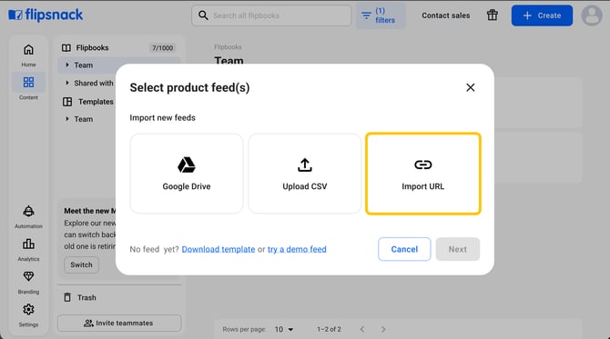 select product feeds pop-up with the Import URL option
