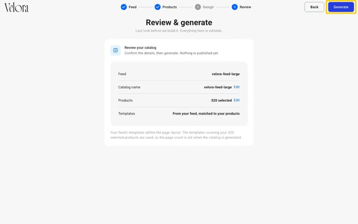 The Review and generate step listing the feed, the catalog name, 320 selected products and the Templates row, with the Generate button highlighted