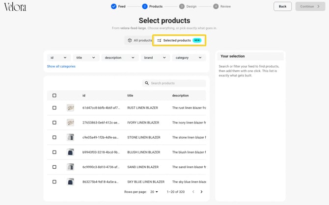 The Select products step with the Selected products option highlighted next to All products