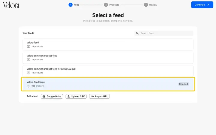 The Select a feed step of the Product catalog wizard, with the feed velora-feed-large selected under Your feeds