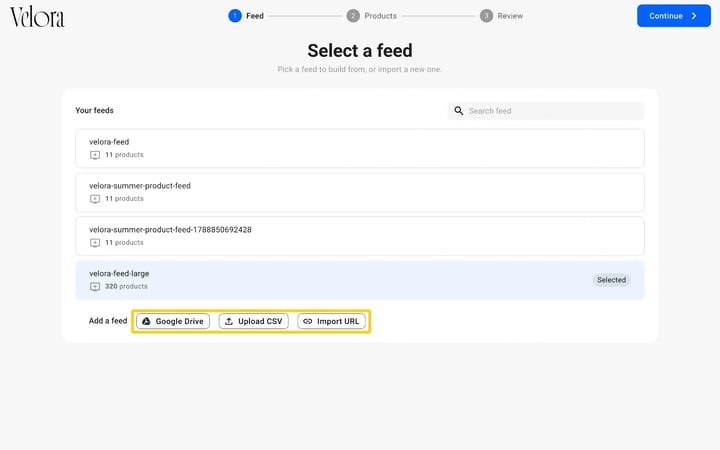The Add a feed options Google Drive, Upload CSV and Import URL highlighted below Your feeds