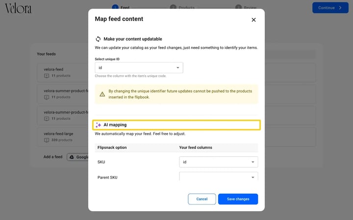 The Map feed content dialog with Select unique ID set to the id column and the AI mapping section listing Flipsnack options next to the feed columns