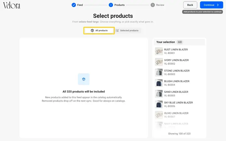 The Select products step with All products chosen, stating that all 320 products will be included, and Your selection listing them on the right