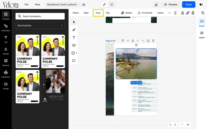 A photo selected on a lookbook page in the Design Studio, with the Crop button highlighted in the toolbar