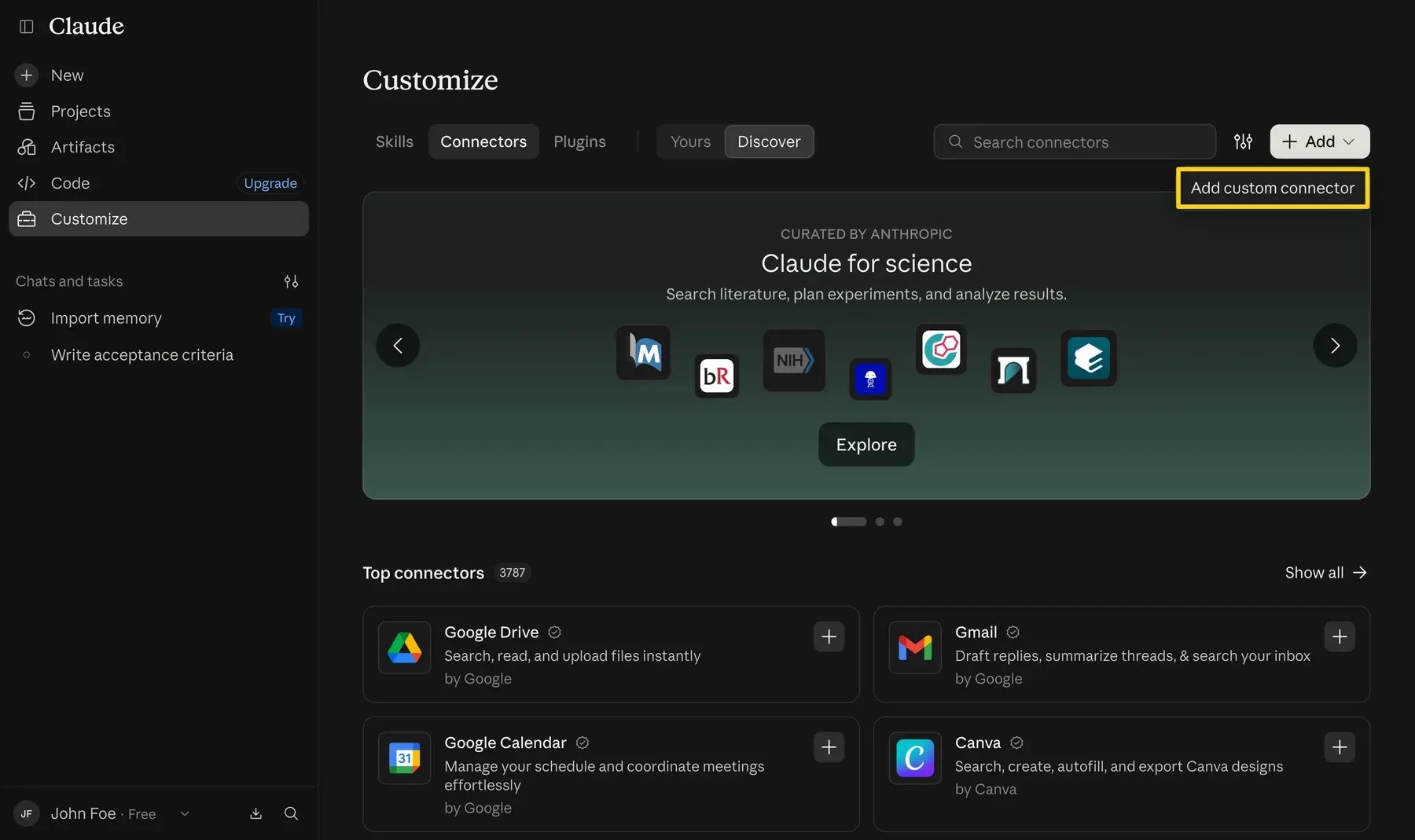 The Add menu in Claude Connectors with Add custom connector