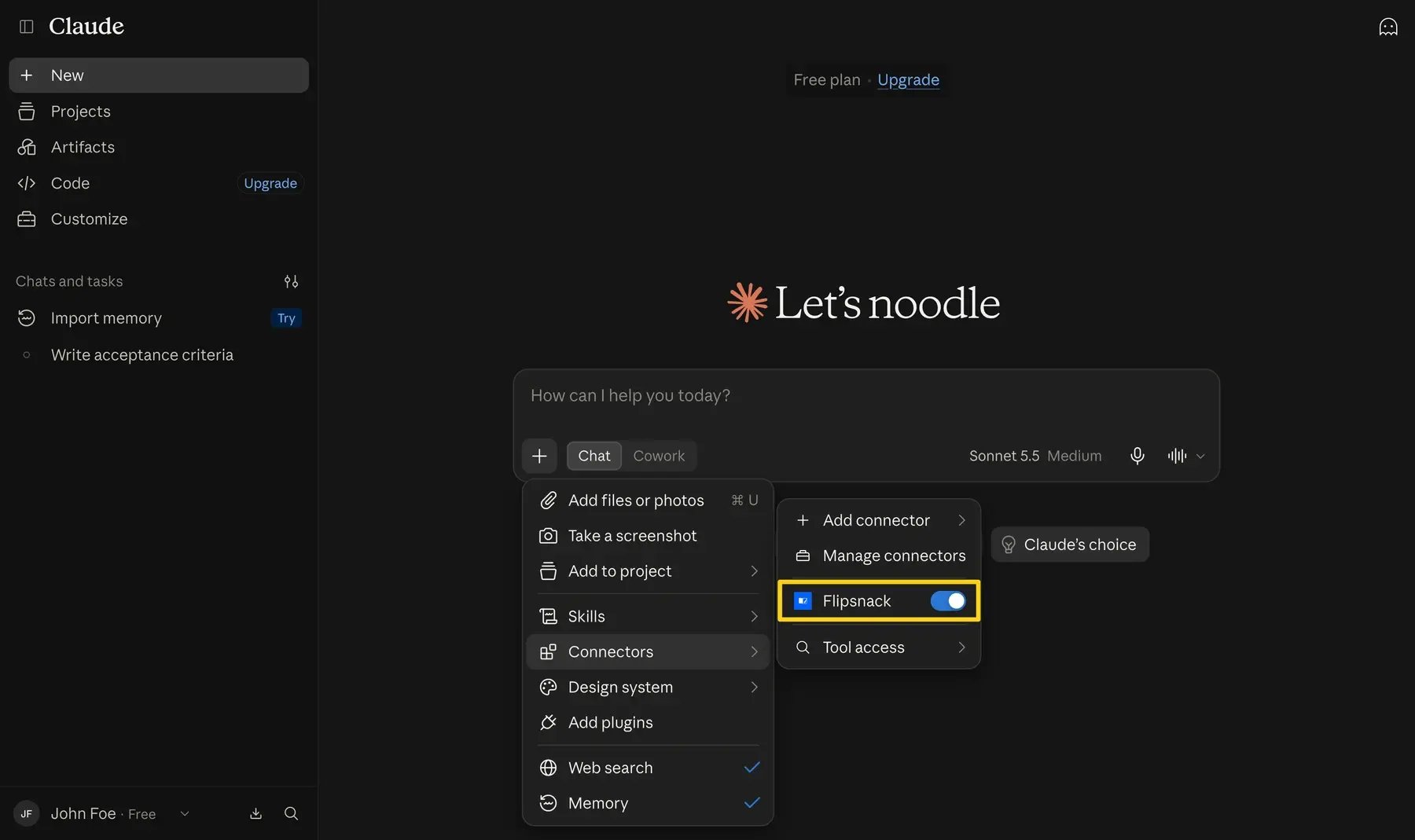 The Connectors menu in a Claude chat with Flipsnack turned on