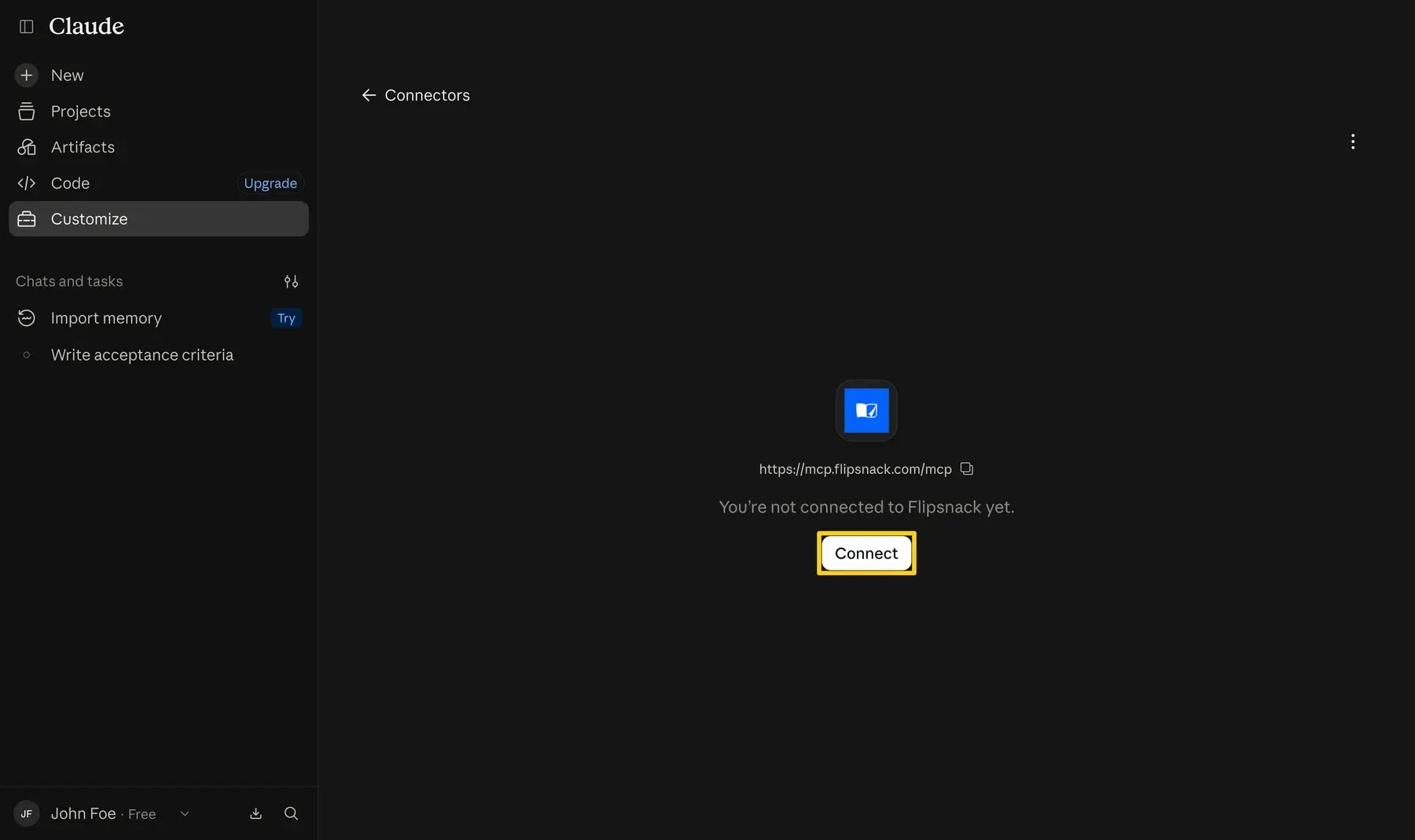 The Flipsnack connector page in Claude with the Connect button