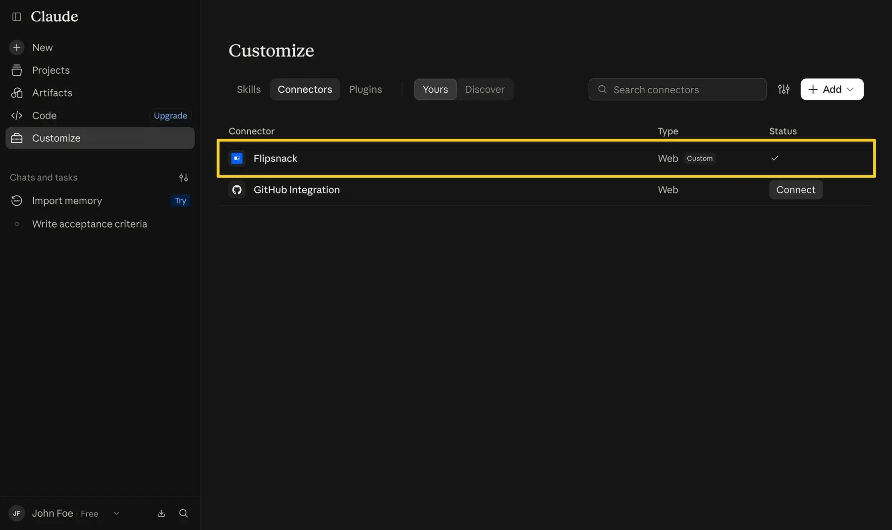 Flipsnack listed as a connected custom connector in Claude