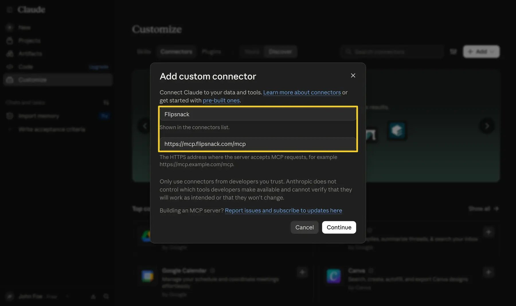 The Add custom connector dialog with the Flipsnack name and server URL