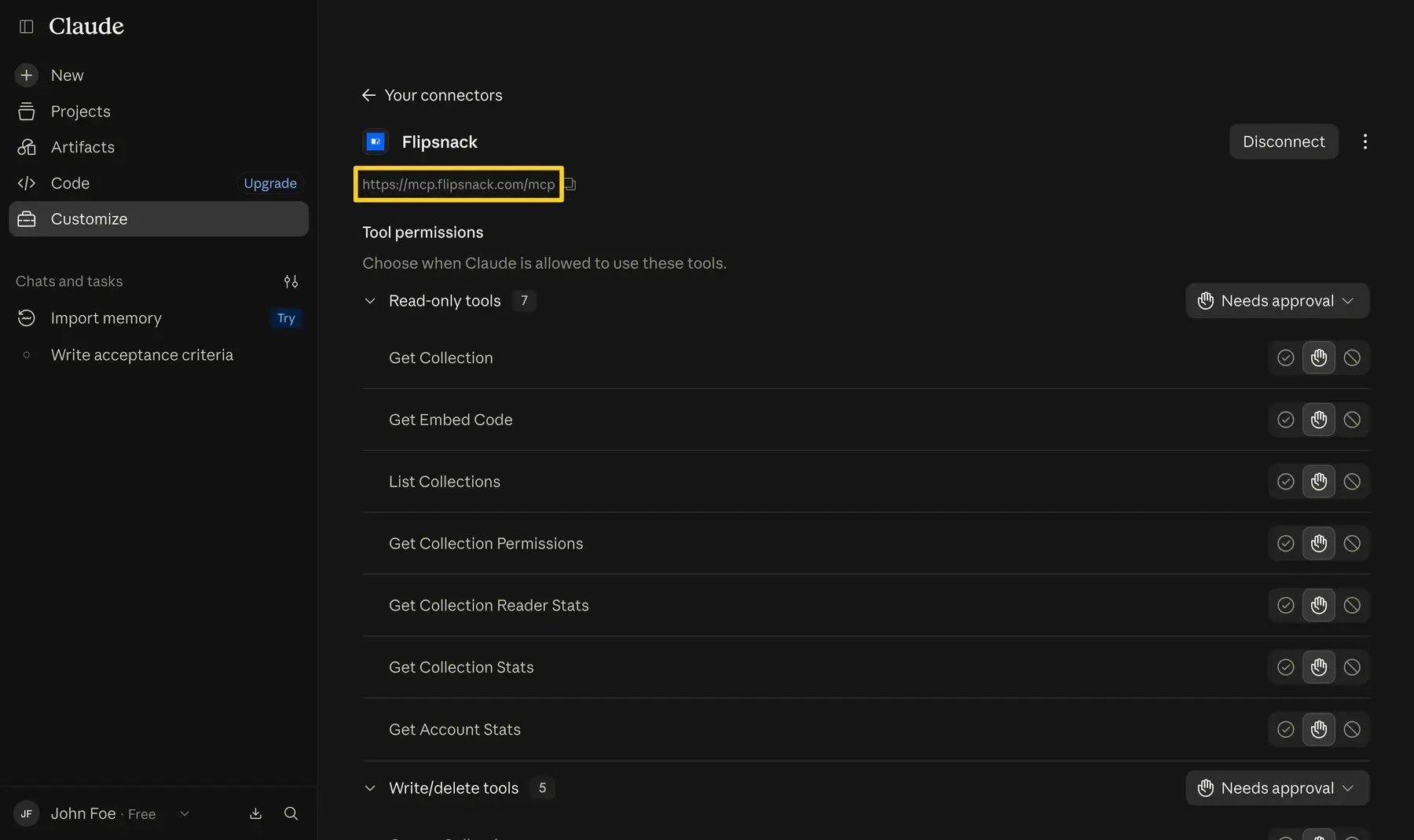The Flipsnack connector page in Claude showing the server URL and tool permissions