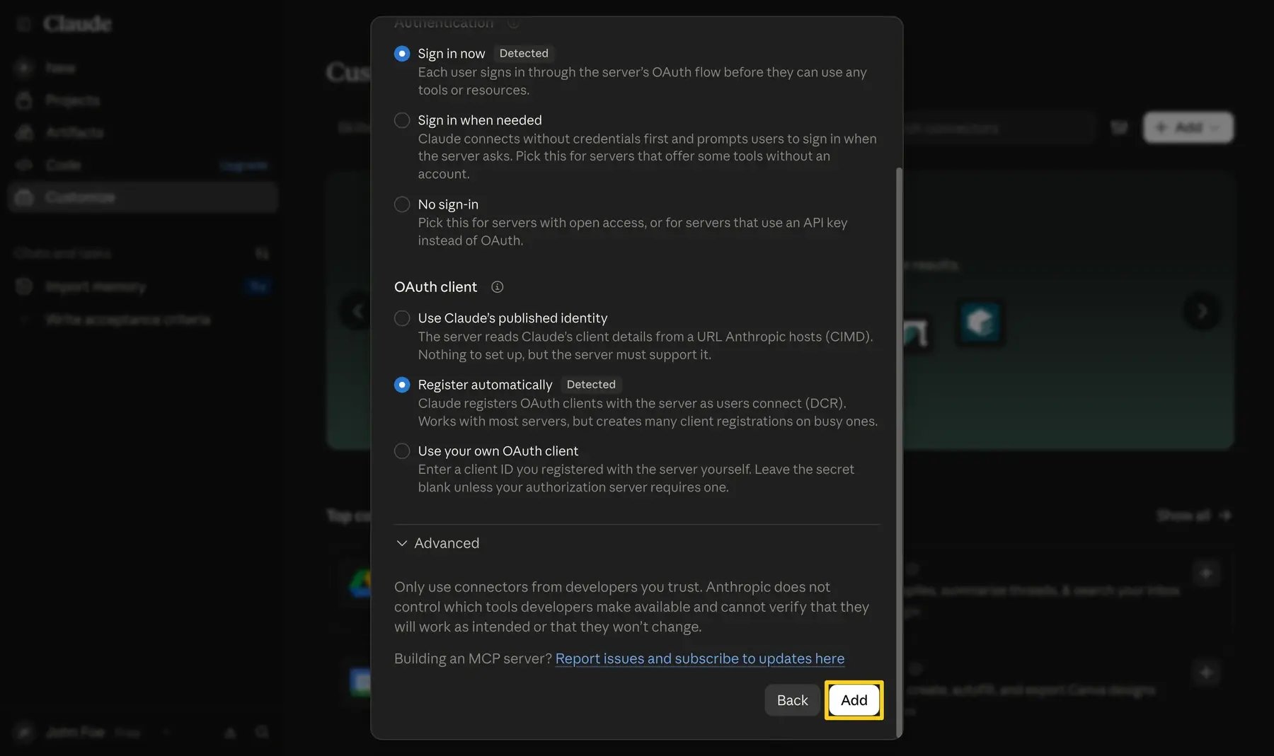Authentication and OAuth client settings detected for Flipsnack, with the Add button