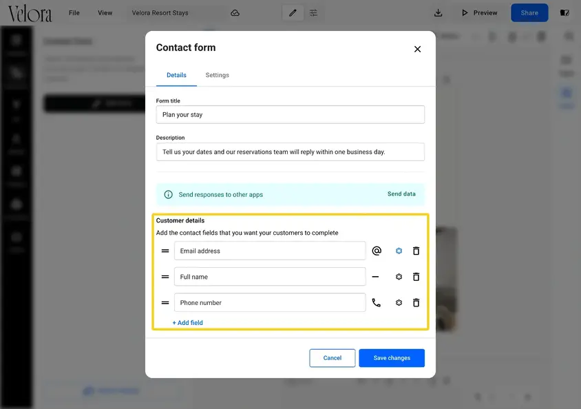 The Details tab of the contact form with a form title, a description and email, name and phone fields