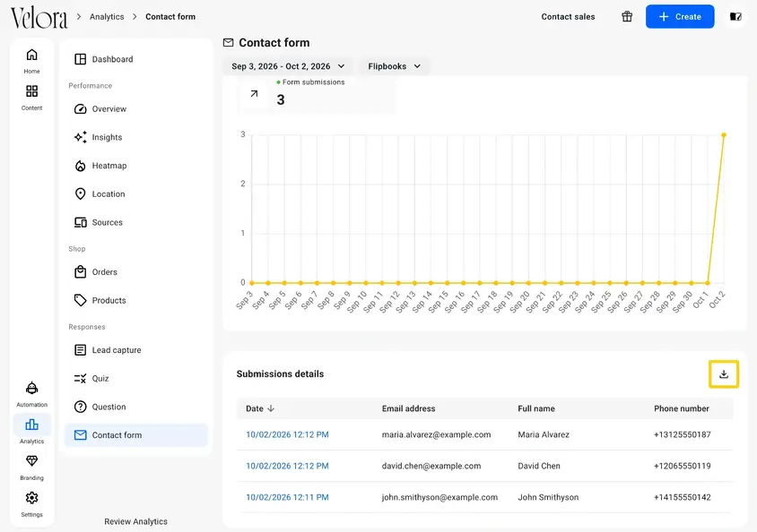 The download icon above the Submissions details table in Flipsnack Analytics