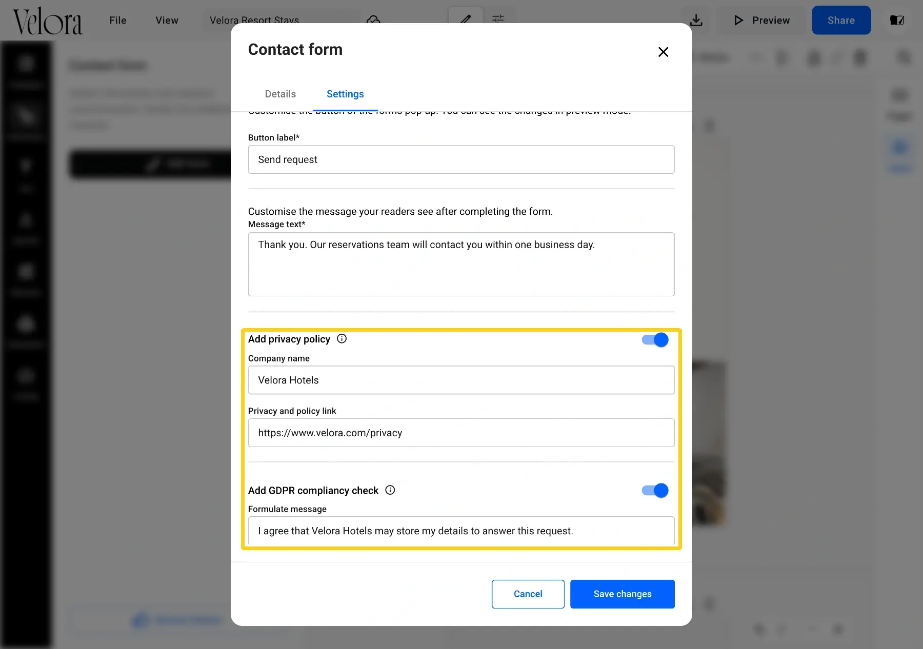 Add privacy policy and Add GDPR compliancy check turned on, with a company name, a policy link and a consent message