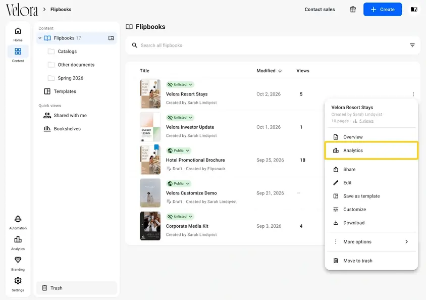 The flipbook menu in Flipsnack Content with Analytics