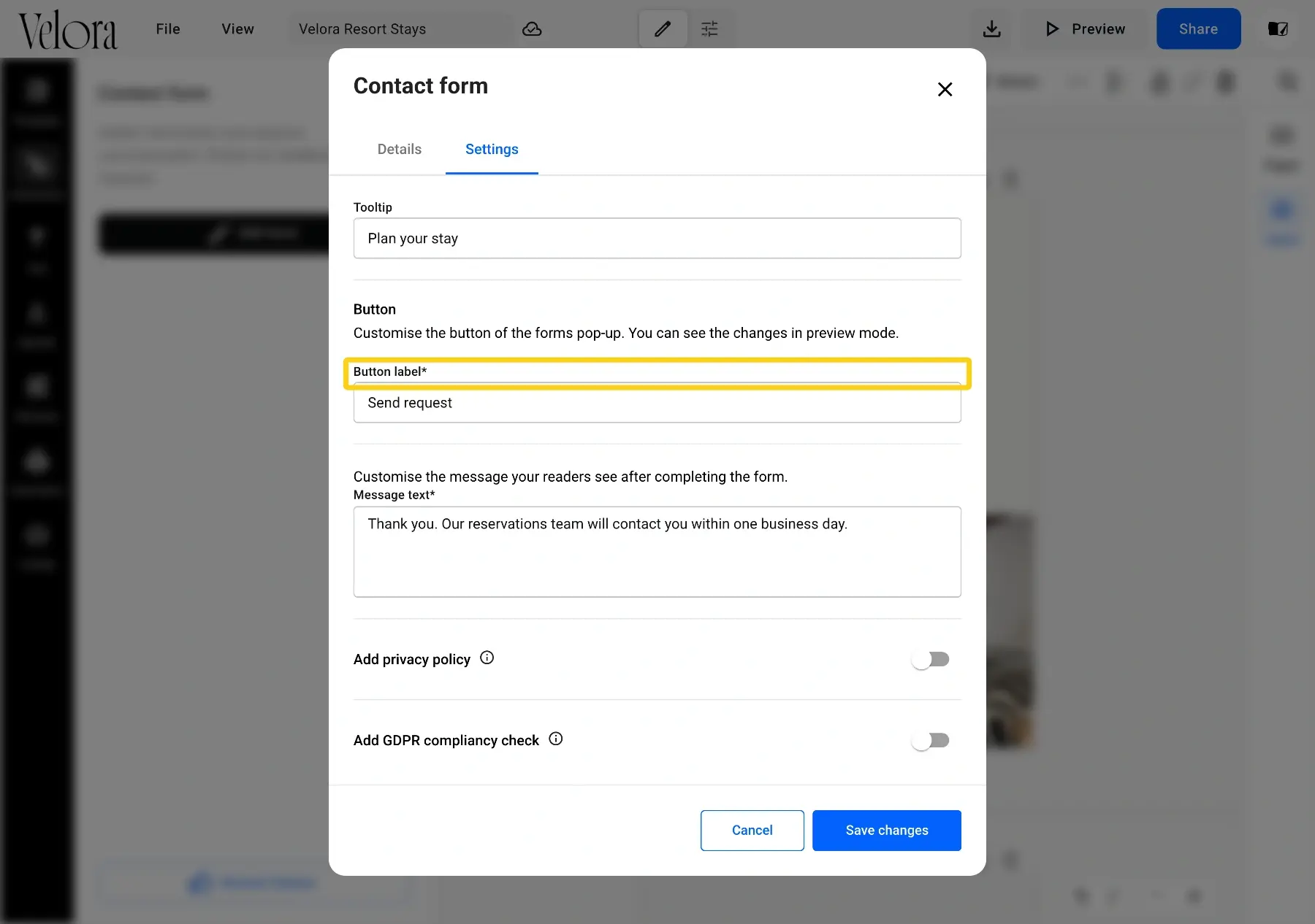 The Settings tab of the contact form with the Button label field
