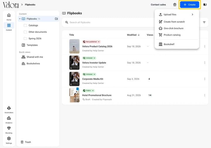 The Create menu open, listing Upload files, Create from scratch, One-click brochure, Product catalog and Bookshelf