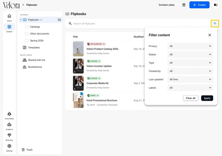 The Filter content panel open, with the Labels dropdown at the bottom of the Privacy, Status, Type, Created by and Last updated list