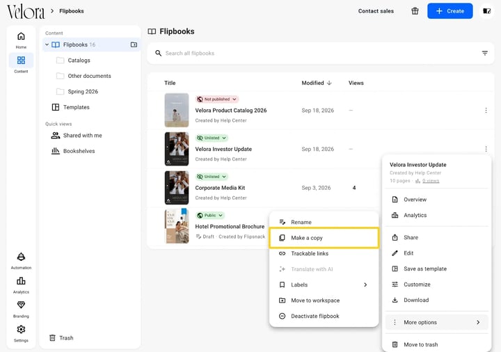 The More options submenu open on a flipbook row, with Make a copy highlighted among Rename, Trackable links, Labels, Move to workspace and Deactivate flipbook