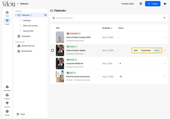 A flipbook row hovered, showing the Edit, Customize and Share buttons at its right end