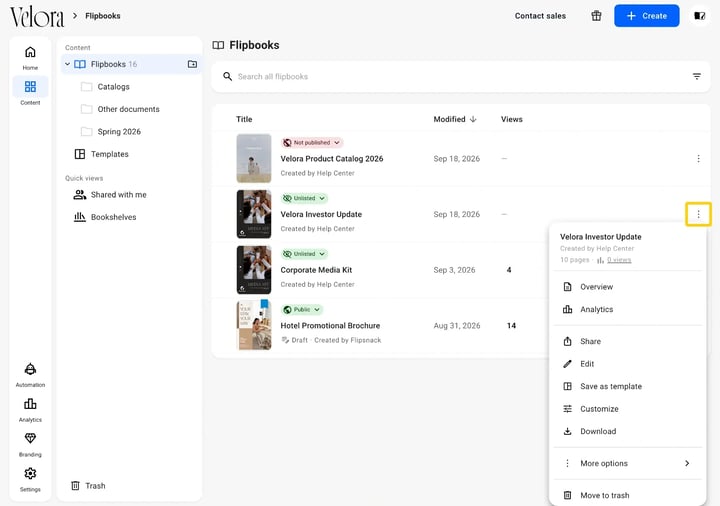 The three-dot menu open beside a flipbook, with Move to trash at the bottom under Overview, Analytics, Share, Edit, Save as template, Customize, Download and More options
