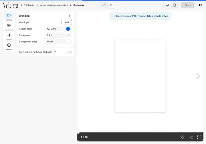 A PDF converting into a flipbook in Flipsnack, with the progress banner across the top of the page