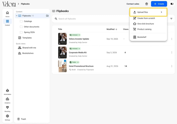 The Create menu open in Flipsnack with the Upload files row highlighted