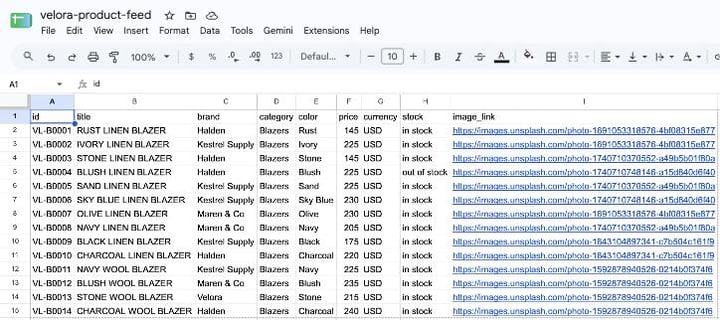 A product feed CSV opened in Google Sheets, with columns for id, title, brand, category, color, price, currency, stock and image link