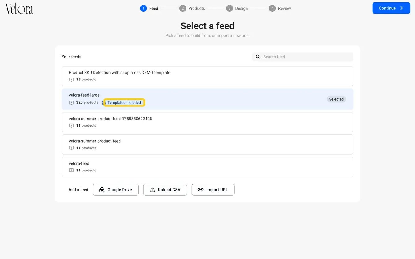 A prepared product feed selected in Catalog Generator, with the Templates included badge highlighted