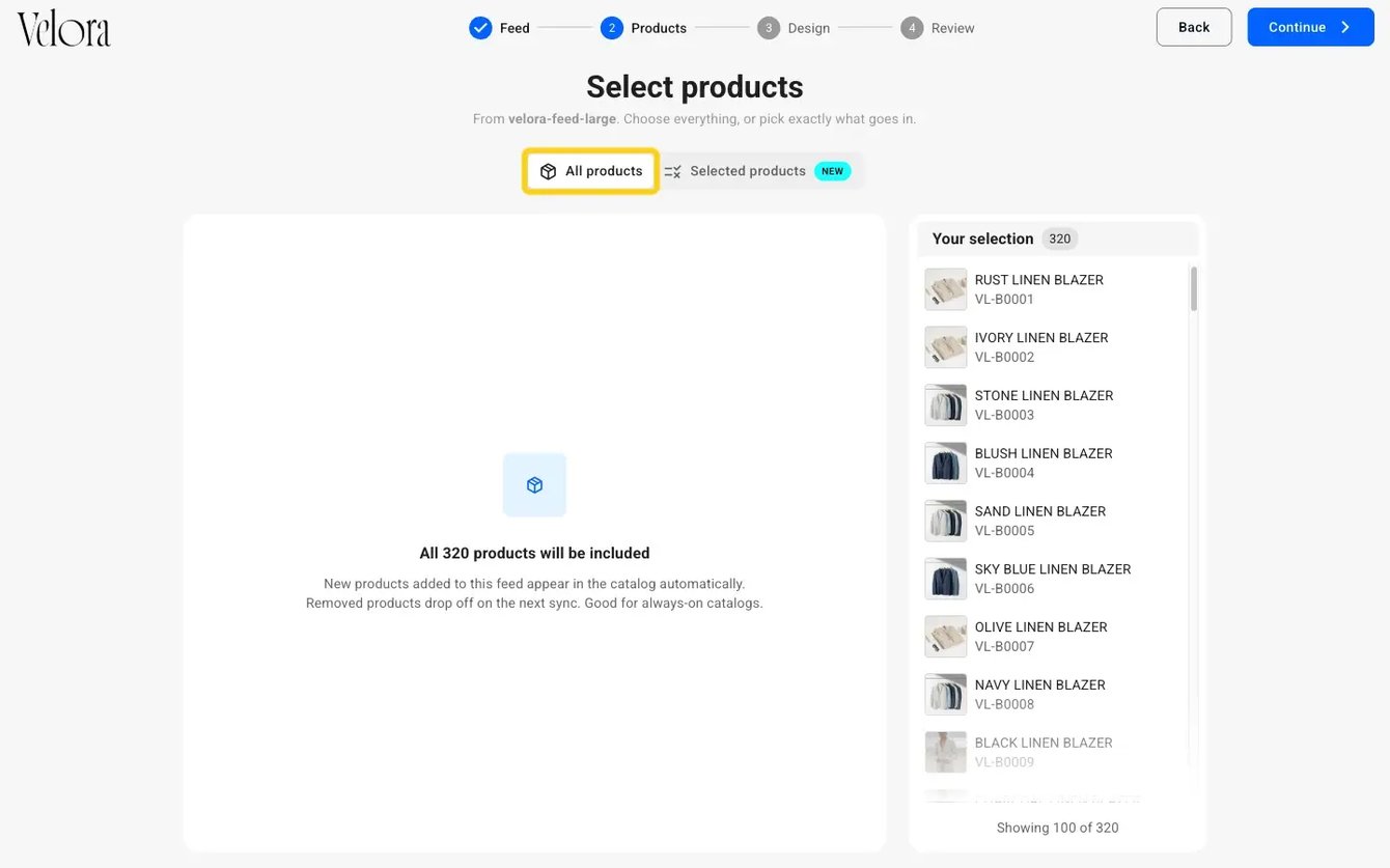 The Select products step with All products highlighted and the product selection shown