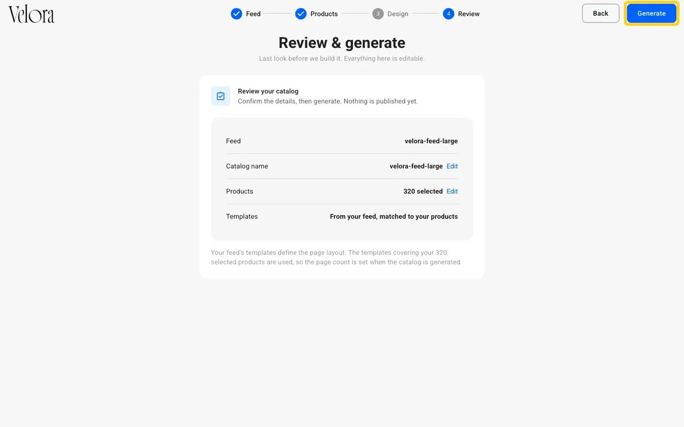The Review and generate step showing templates from the feed, with Generate highlighted