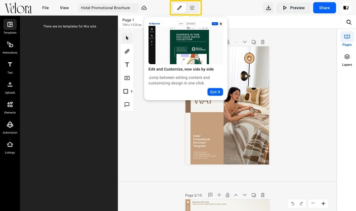 The Edit and Customize switch in the Design Studio app header, showing a pencil icon for Edit and a sliders icon for Customize