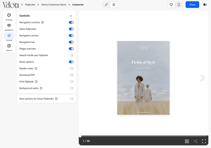 The Controls panel with Navigation controls, Allow fullscreen, Navigation arrows, Navigation bar, Pages overview and Share options switched on, and Search inside your flipbook, Reader notes, Download PDF, Print flipbook and Background audio switched off