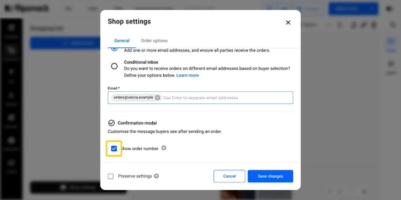 The Confirmation modal settings, with Show order number checked and a thank-you message typed.