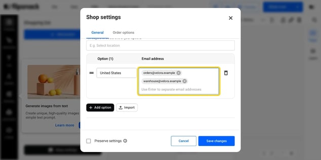 Conditional inbox selected, with a rule routing an order to several email addresses.