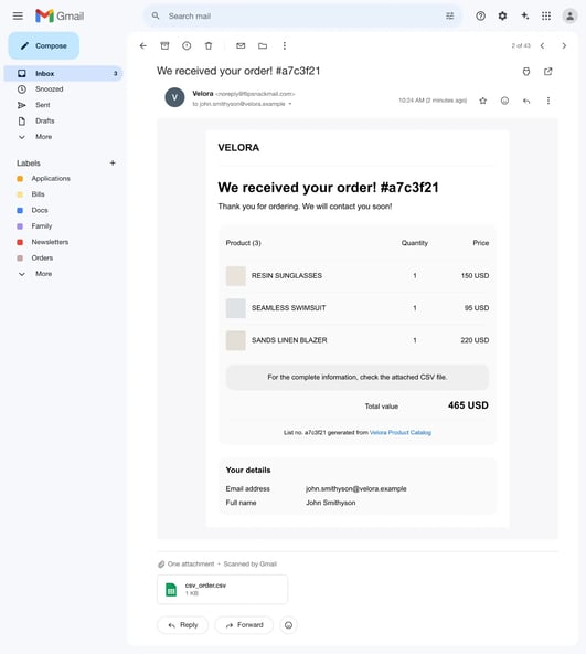 The order confirmation email as it appears in the customer's inbox.