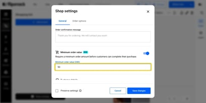 The Minimum order value toggle turned on, with an amount entered.